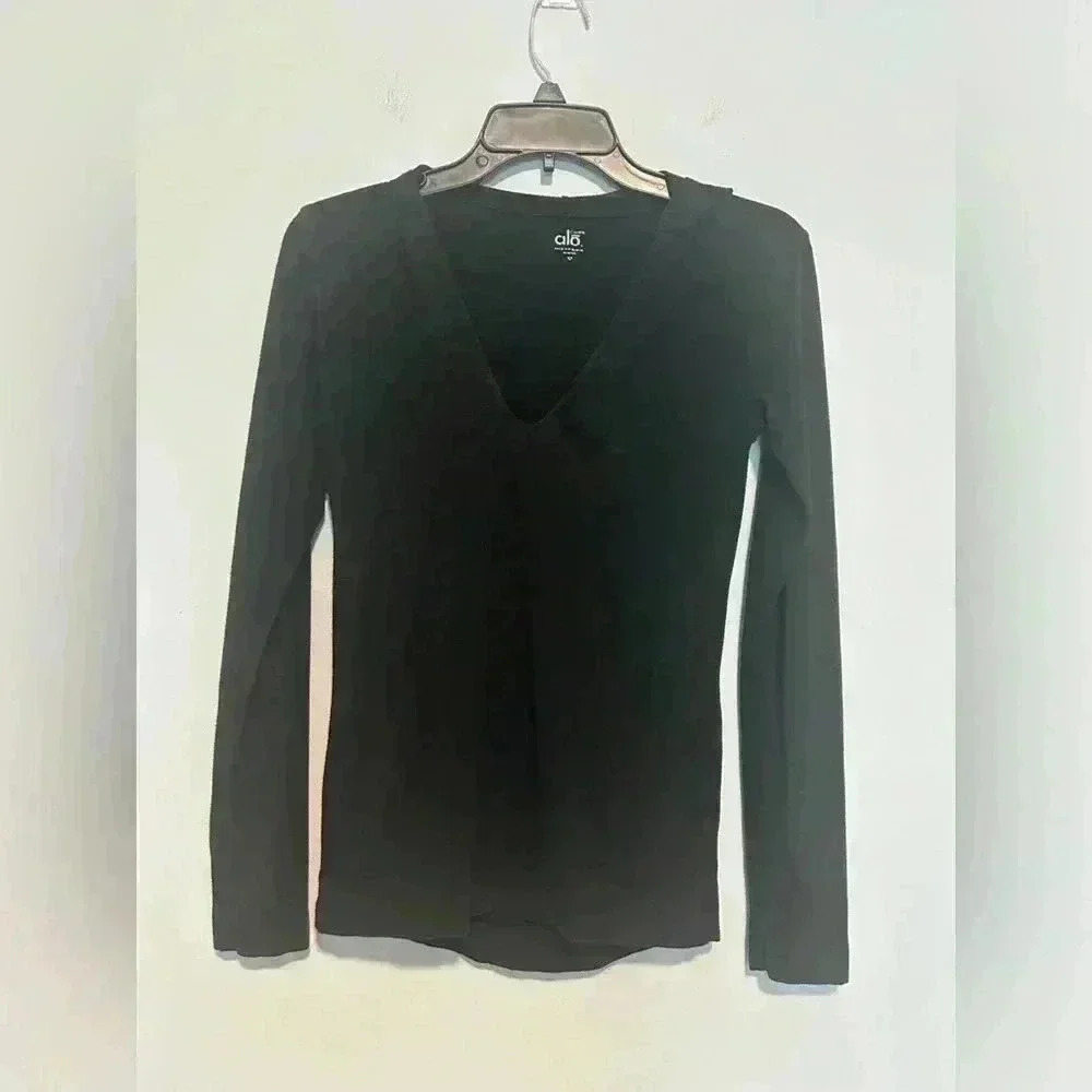 Alo Coolfit Womens V-neck Sweater with Hoodie Size XS Black